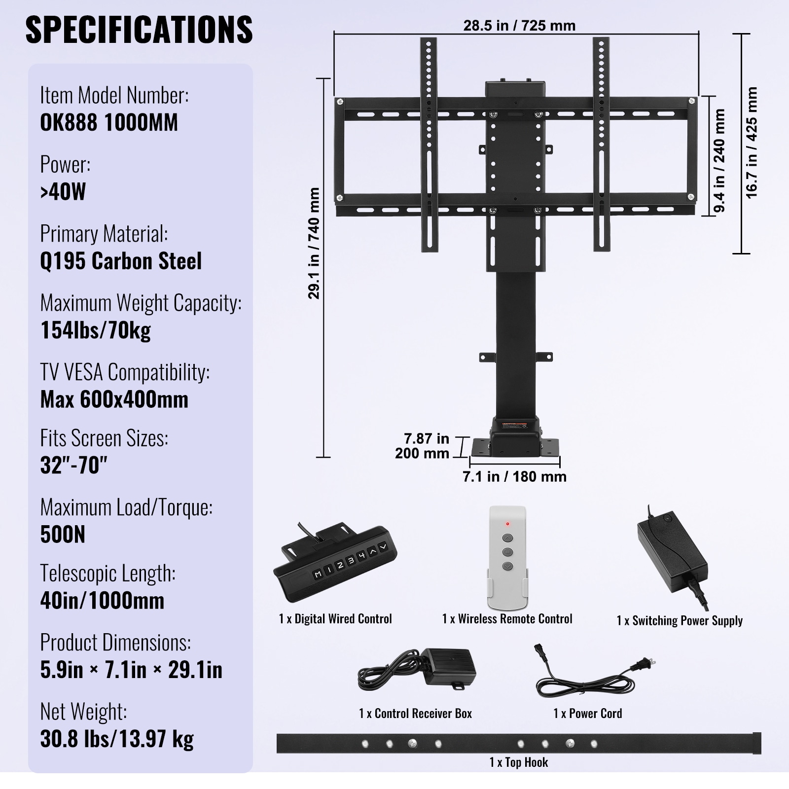 Motorized Tv Lift Mount With Remote Control And Height Adjustment_voghion.com